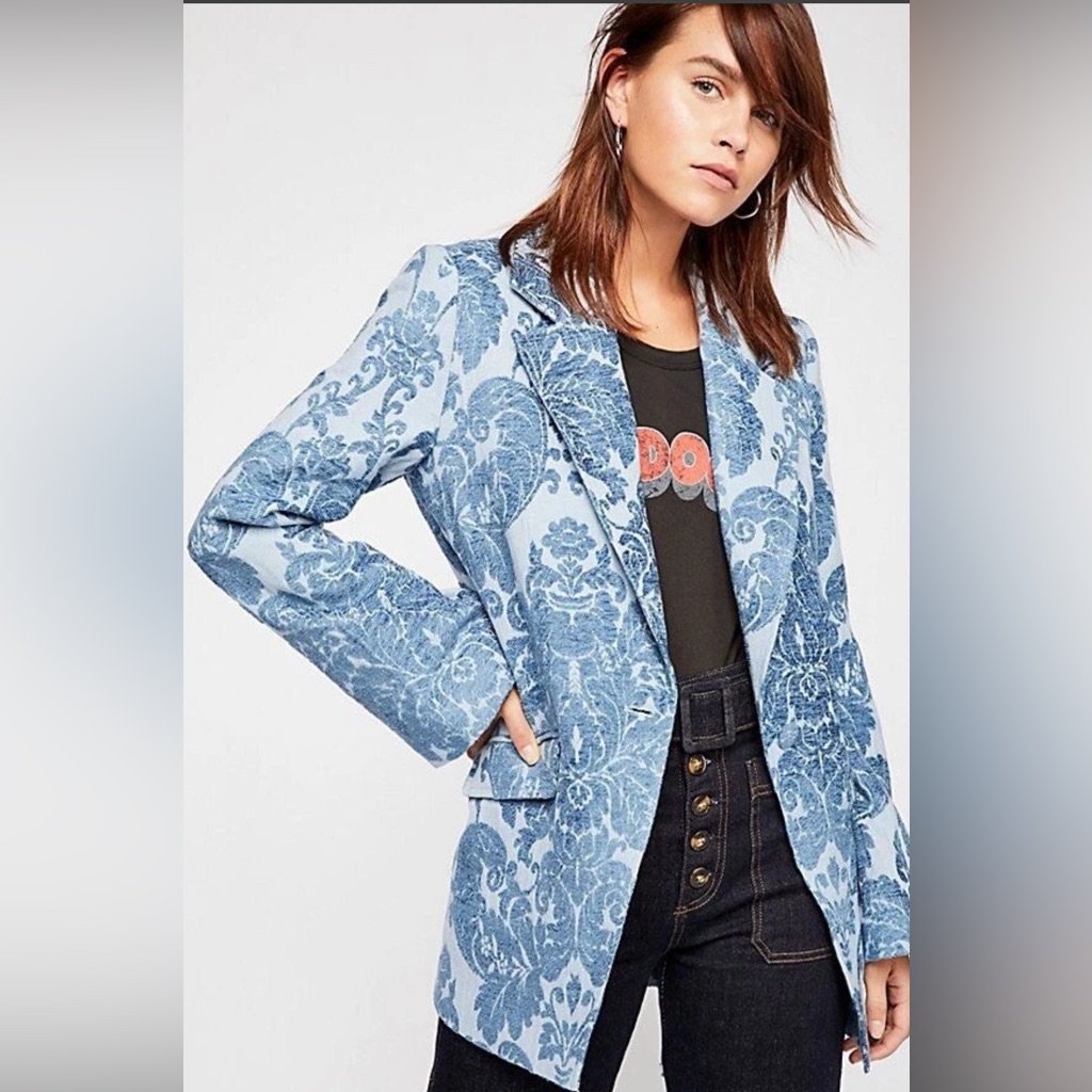 Free People Light Blue And Blue Floral Jacquard Blazer